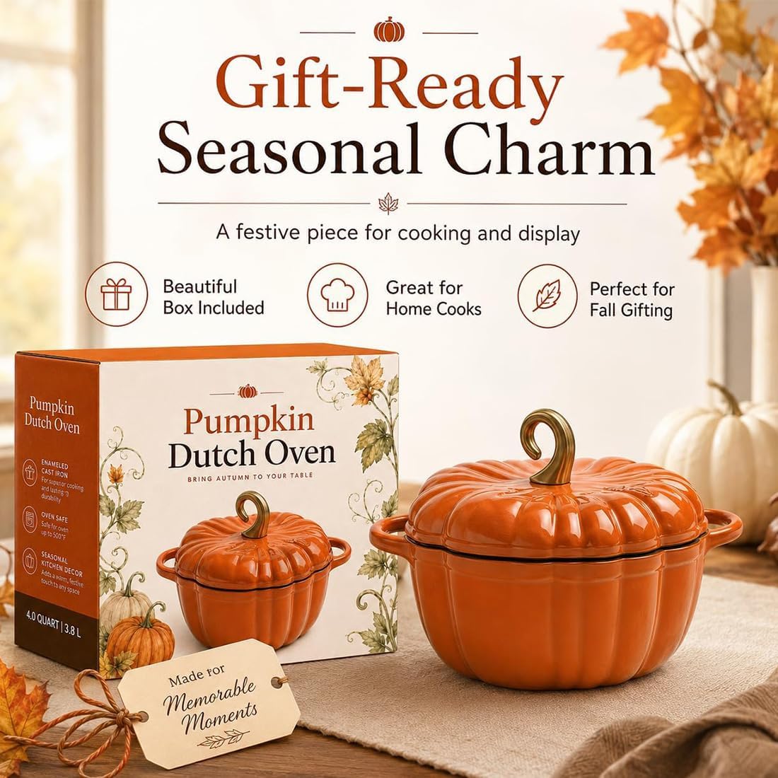Pumpkin Enameled Cast Iron Dutch Oven with Lid, Oven Safe Soup Casserole Dish with Dual Handles, Cute Fall Harvest Decor Bakeware for Thanksgiving Halloween (B2, 16CM)