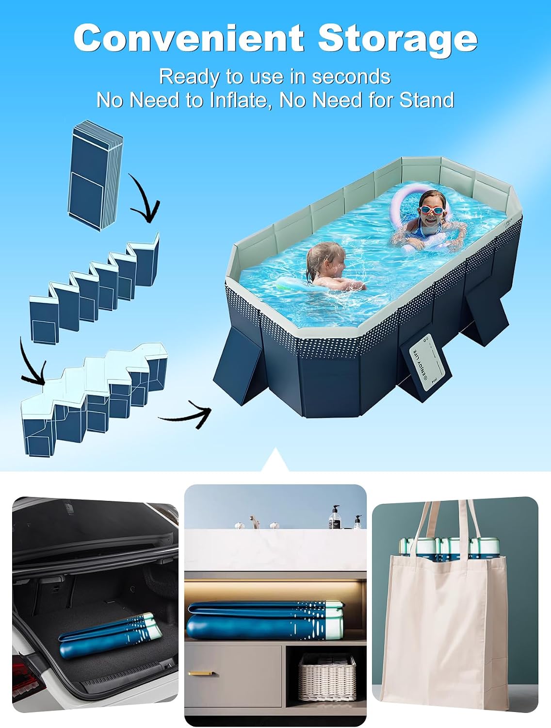 Large Foldable Swimming Kiddie Pool 83" x 55" x 22", Hard Plastic Rectangular Pool for Kids and Dogs, Reinforced Sidewalls, Portable Non-Inflatable Pool with Drain Hole for Backyard and Outdoor Use, Blue
