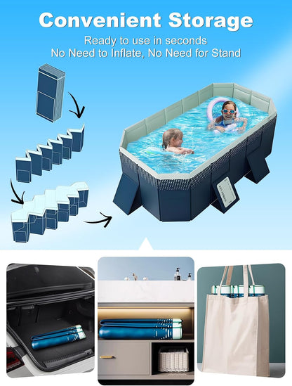 Large Foldable Swimming Kiddie Pool 83" x 55" x 22", Hard Plastic Rectangular Pool for Kids and Dogs, Reinforced Sidewalls, Portable Non-Inflatable Pool with Drain Hole for Backyard and Outdoor Use, Blue