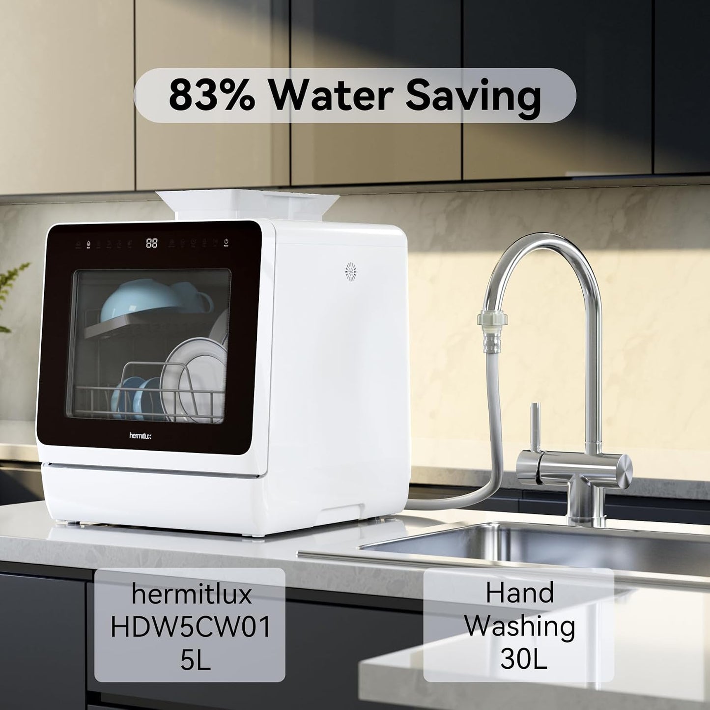 Hermitlux Countertop Dishwasher, 7 Washing Programs Portable Dishwasher Mini Dishwashers with 5-Liter Built-in Water Tank , Glass Door, LED Light, No Hookup Needed for RV & Apartment Use