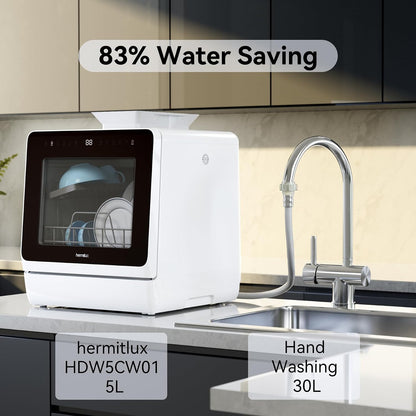 Hermitlux Countertop Dishwasher, 7 Washing Programs Portable Dishwasher Mini Dishwashers with 5-Liter Built-in Water Tank , Glass Door, LED Light, No Hookup Needed for RV & Apartment Use