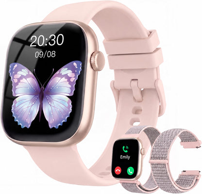 KIPTUMTEK T7 Smart Watch for Women, 1.83" HD Touch Screen, Bluetooth Calling, Fitness & Health Tracker, 2 Bands, Pale Pink