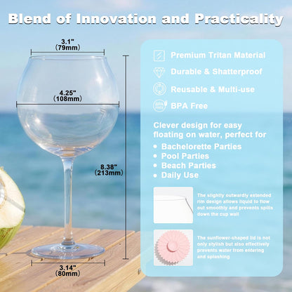 Goodluck 18 oz Floating Pool Wine Glasses, 2-Pack BPA-Free Tritan Plastic Wine Cups with Sunflower Lids, Shatterproof Reusable Pool & Hot Tub Drinkware, Clear