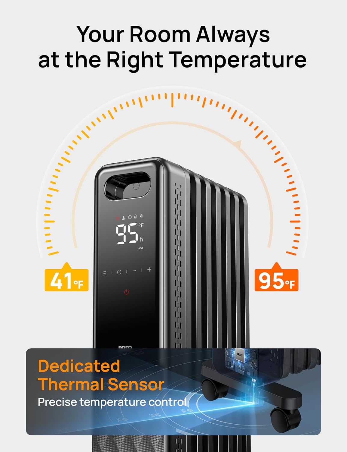 DREO Oil Filled Radiator Heater, Electric Heaters for indoor use Large Room Quiet, Digital Thermostat, ECO, Remote Control, 4 Modes, Child Lock, Overheat & Tip-Over Protection, 24h Timer, 1500W, Grey