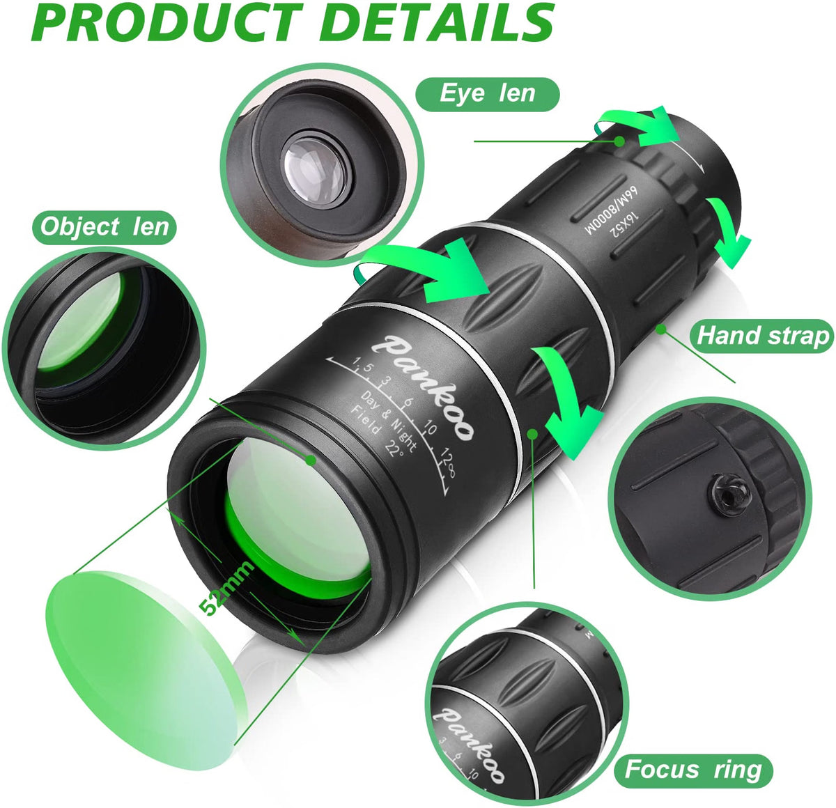 Pankoo 16X52 Monocular Telescope, High Power BAK4 Prism Compact Monocular for Adults & Kids, Waterproof Fogproof Shockproof, Manual Focus for Bird Watching, Hiking, Camping & Travel