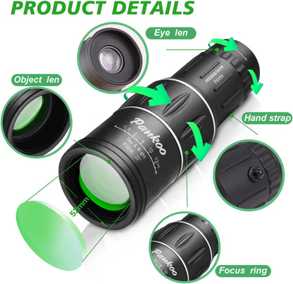 Pankoo 16X52 Monocular Telescope, High Power BAK4 Prism Compact Monocular for Adults & Kids, Waterproof Fogproof Shockproof, Manual Focus for Bird Watching, Hiking, Camping & Travel