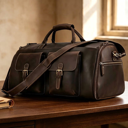 UPRESYE Convertible Leather Garment Bag, Full Grain Cowhide Leather 2-in-1 Suit Travel Bag with Shoe Pouch, Carry-On Hanging Garment Duffel Bag, Deep Brown
