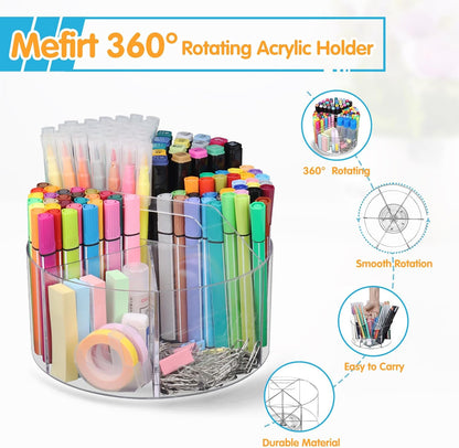 Acrylic Rotating Pen Holder, 360° Spinning Desk Organizer with 6 Compartments, Clear Desktop Caddy for Pens, Pencils, Markers, Crayons and Art Supplies