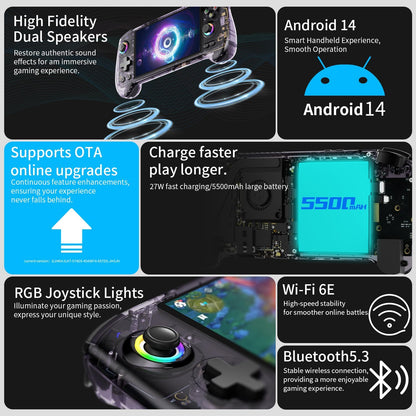 Doriteney RG557 Retro Handheld Game Console Android 14 Gaming Console 5.48" AMOLED HD Screen NO Game Card Game Player Video Game Console Support RGB Lighting 5500mAh Battery Purple
