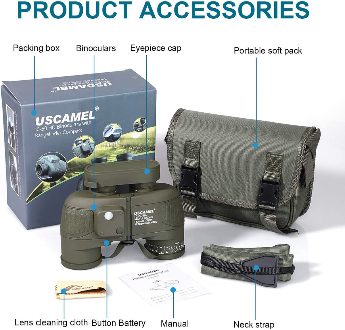 USCAMEL 10X50 Marine Binoculars for Adults, IPX7 Waterproof Binoculars with Illuminated Compass & Rangefinder, BAK4 Prism, Fully Multi-Coated, for Sailing, Boating, Fishing & Outdoor Use