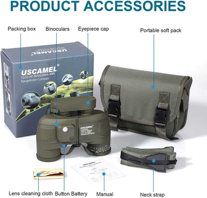 USCAMEL 10X50 Marine Binoculars for Adults, IPX7 Waterproof Binoculars with Illuminated Compass & Rangefinder, BAK4 Prism, Fully Multi-Coated, for Sailing, Boating, Fishing & Outdoor Use