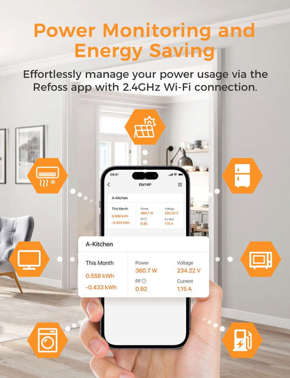 Refoss Smart Home Energy Monitor with Open API, Home Assistant, No Cloud – 16 Circuit 60A Sensors, Real-Time Electricity Usage Monitor, Solar Metering, ETL Certified, EM16P