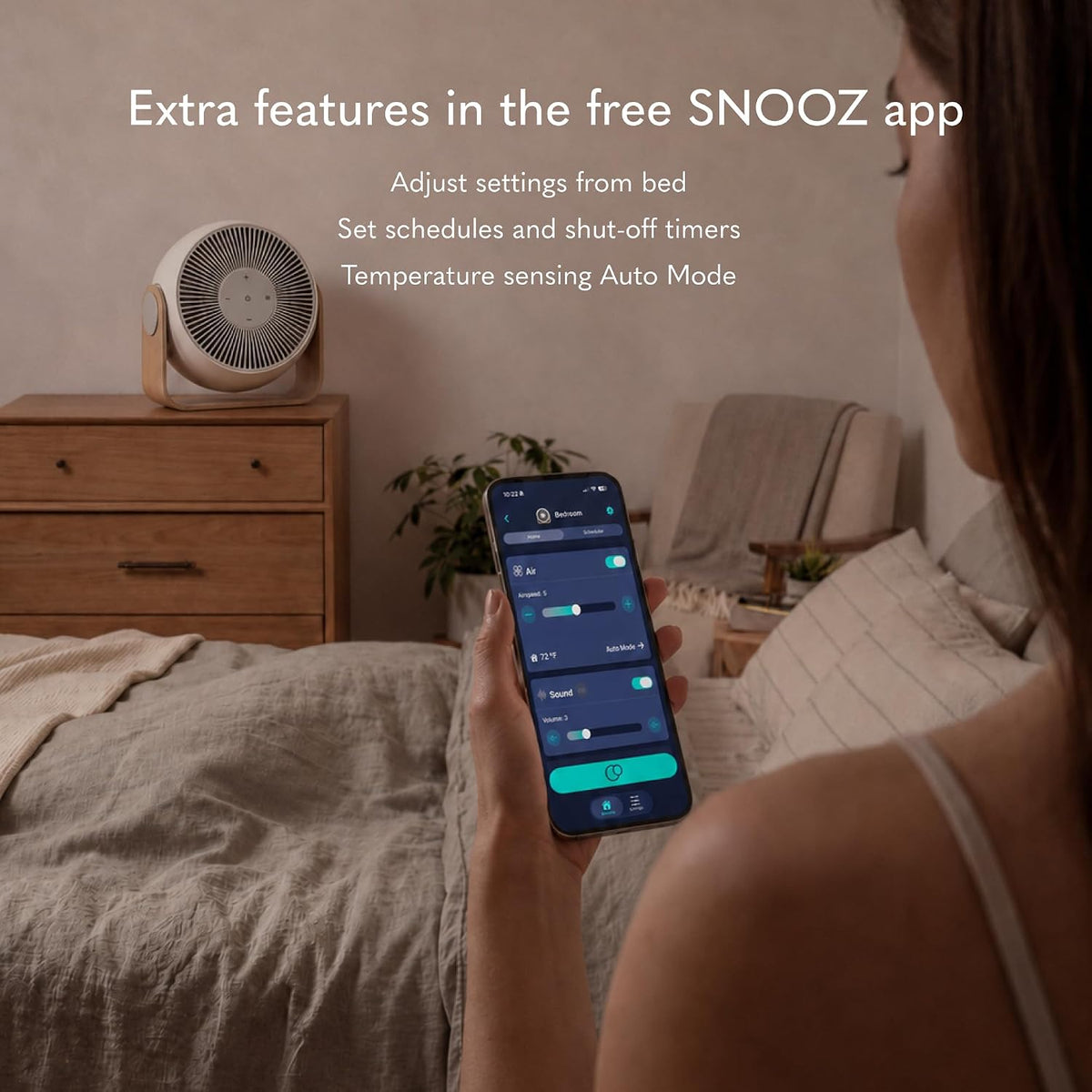 SNOOZ Breez 2 Smart Cooling Fan for Bedroom & White Noise Machine, 380 CFM Premium Bedroom Fan, 10 Fan Speeds, 10 White Noise Levels, App Remote, Timer, Scheduling, Auto Temp, Real Wood Base