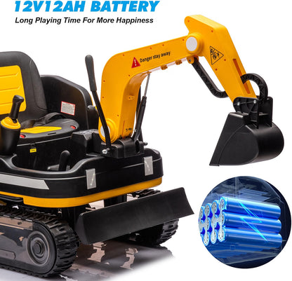 JOYLDIAS 2-in-1 Ride-On Excavator & Bulldozer, 12V Battery-Powered Kids Construction Vehicle with 360° Rotation, Parent Remote Control, Bluetooth, MP3 & Toolbox