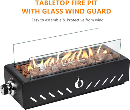 18" Propane Gas Fire Pit Side-Mounted, Portable Tabletop Fireplace, FP026 Modern Firepit with Lava Rocks, Glass Shield and 6.8FT Hose for Outdoor Patio Backyard Porch Camping RV Tailgating
