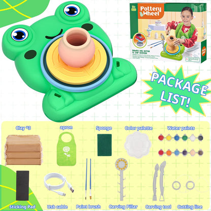 Aujazyble Pottery Wheel for Kids, Complete Pottery Painting Craft Kit with Air-Dry Clay, 12 Paint Colors & Sculpting Tools, Green, Arts & Crafts Toy for Ages 6+