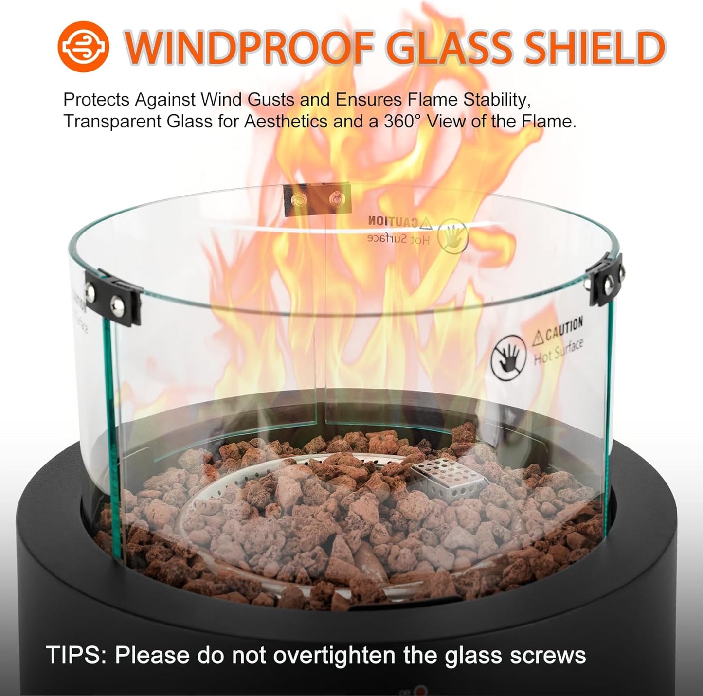 15.7" Propane Gas Fire Pit Side-Mounted, Portable Tabletop Fireplace, FP038 Portable Smokeless Fireplace with Lava Rocks & Glass Shield for Outdoor Patio Backyard Camping RV Tailgating, Round