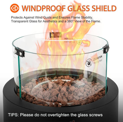 15.7" Propane Gas Fire Pit Side-Mounted, Portable Tabletop Fireplace, FP038 Portable Smokeless Fireplace with Lava Rocks & Glass Shield for Outdoor Patio Backyard Camping RV Tailgating, Round