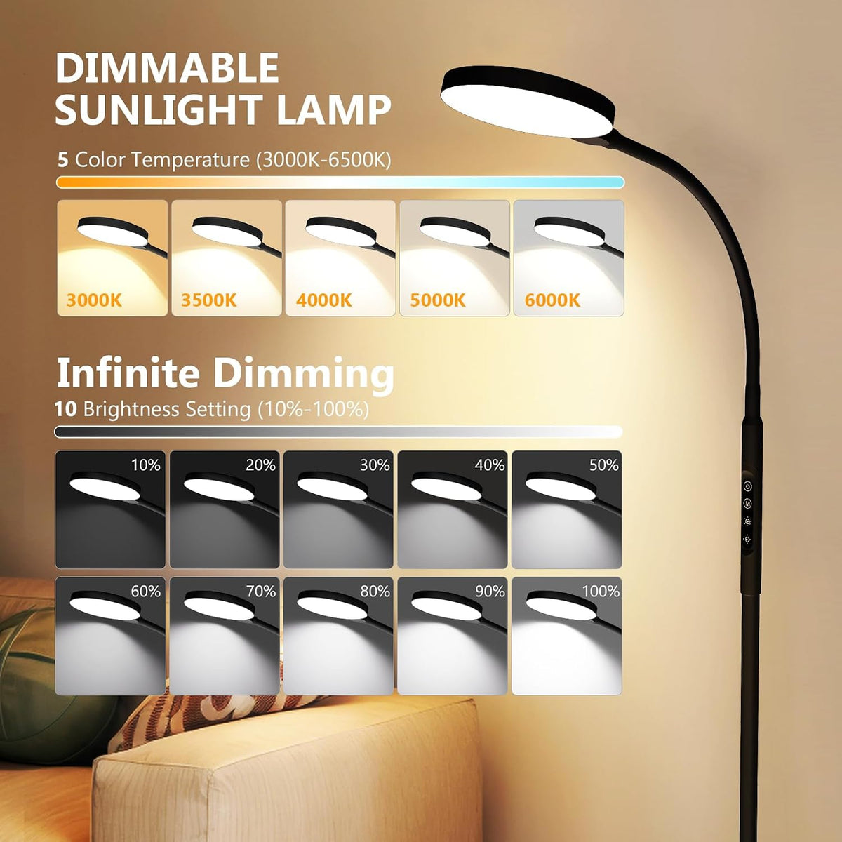 Light Therapy Lamp, 3 in 1 Therapy Floor Lighting, 11000 Lux Full Spectrum Therapy Lamps, UV-Free LED Sunlight, 10 Brightness/5Color/Gooseneck/Height Adjustable with Timer Control, Black