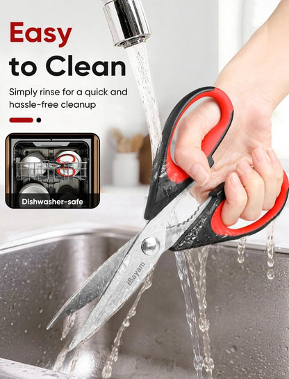 iBayam Kitchen Scissors Shears All Purpose Heavy Duty, Protective Sheath, 2-Pack, Ultra-Sharp Stainless Steel Blades, Soft Comfort-Grip, Dishwasher Safe, Cutting Food, Cooking, Meat & Poultry