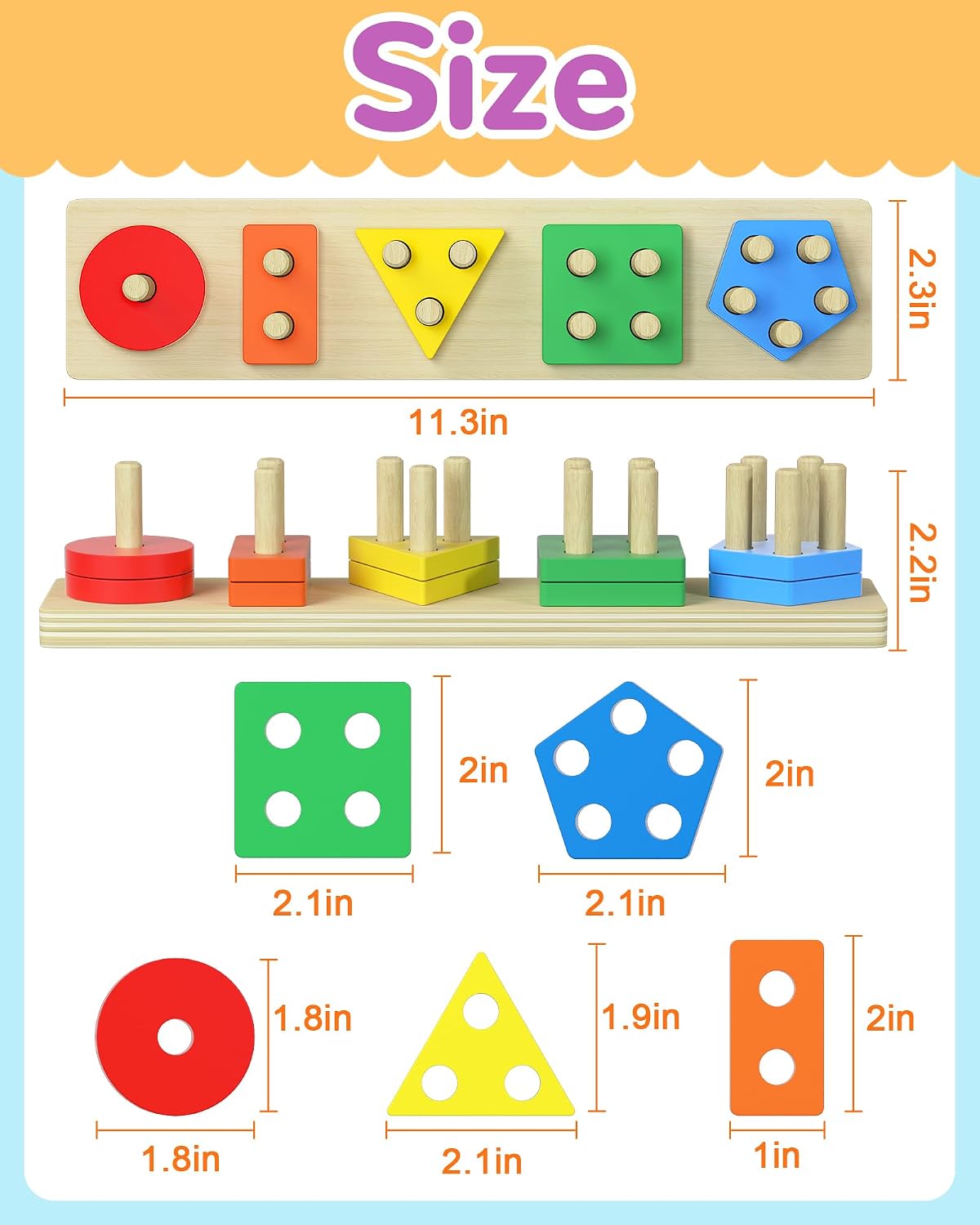 Tonberless Montessori Toys for Toddlers 1-3 Years, Wooden Sorting & Stacking Puzzle with 20 Pieces, Shape & Color Recognition Learning Toy for Boys & Girls