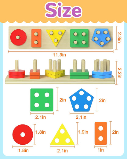 Tonberless Montessori Toys for Toddlers 1-3 Years, Wooden Sorting & Stacking Puzzle with 20 Pieces, Shape & Color Recognition Learning Toy for Boys & Girls