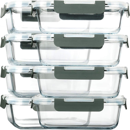 M MCIRCO 8-Pack Glass Food Storage Containers with Lids, 30 Oz Borosilicate Glass Meal Prep Containers, Airtight Snap-Lock Lids, Microwave & Oven Safe, Gray