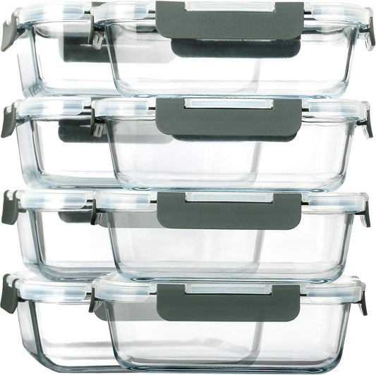 M MCIRCO 8-Pack Glass Food Storage Containers with Lids, 30 Oz Borosilicate Glass Meal Prep Containers, Airtight Snap-Lock Lids, Microwave & Oven Safe, Gray