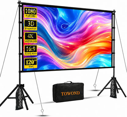 TOWOND 120-Inch Outdoor Projector Screen with Stand, 16:9 Portable HD Foldable Movie Screen, 4K/1080P Front & Rear Projection Screen with Carry Bag, Wind Anchor Kit