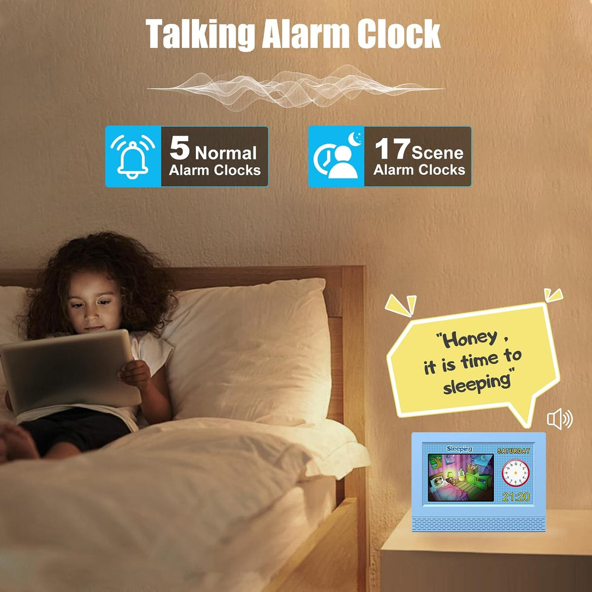 SENXINGYAN Kids Digital Alarm Clock, 7" Eye-Caring Display with Voice Scene Reminders, Cartoon Drawing Schedule Clock, Automatic Dimming, Blue