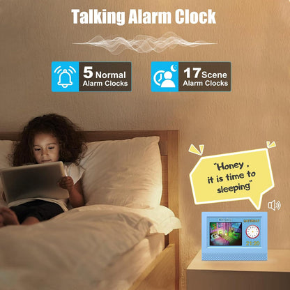 SENXINGYAN Kids Digital Alarm Clock, 7" Eye-Caring Display with Voice Scene Reminders, Cartoon Drawing Schedule Clock, Automatic Dimming, Blue
