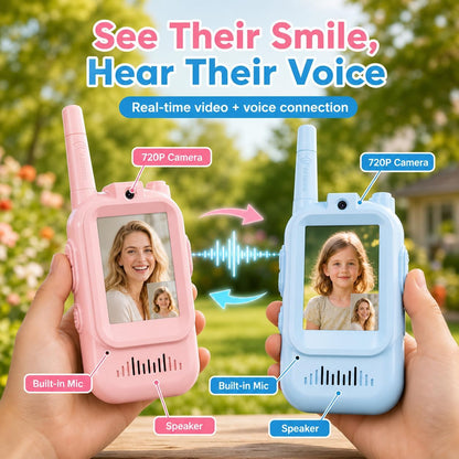 Fabeto Kids Video Walkie Talkies, 2-Pack Rechargeable Walkie Talkie Toys with 720P HD Camera, Voice Changer, Auto Pairing, USB-C Charging, Pink & Blue