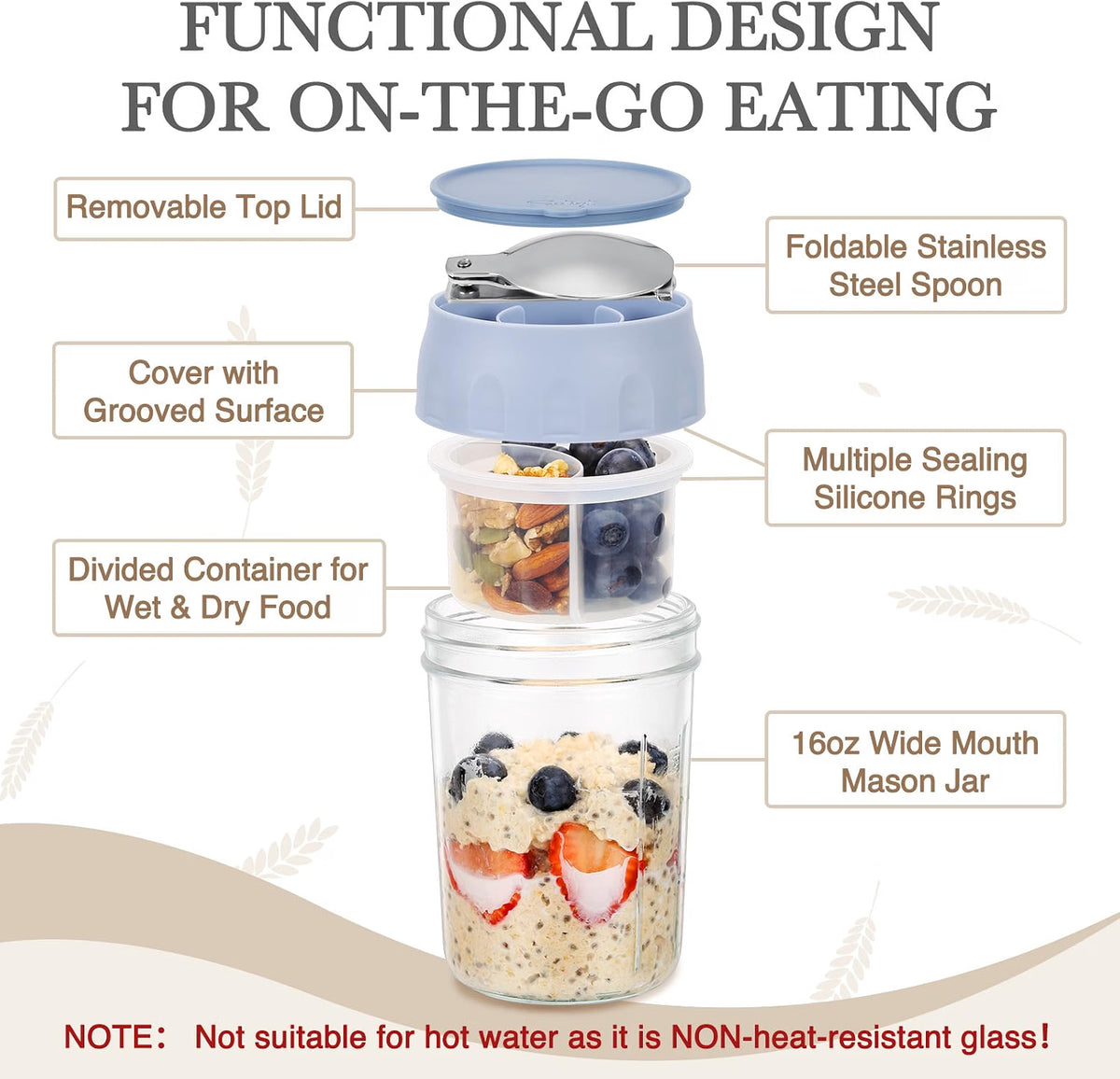 SOLIGT Overnight Oats Containers, 4-Pack 16oz Meal Prep Glass Jars with Lids, Folding Spoons & Divided Fruit and Nut Compartments, Leakproof Reusable Food Storage Set