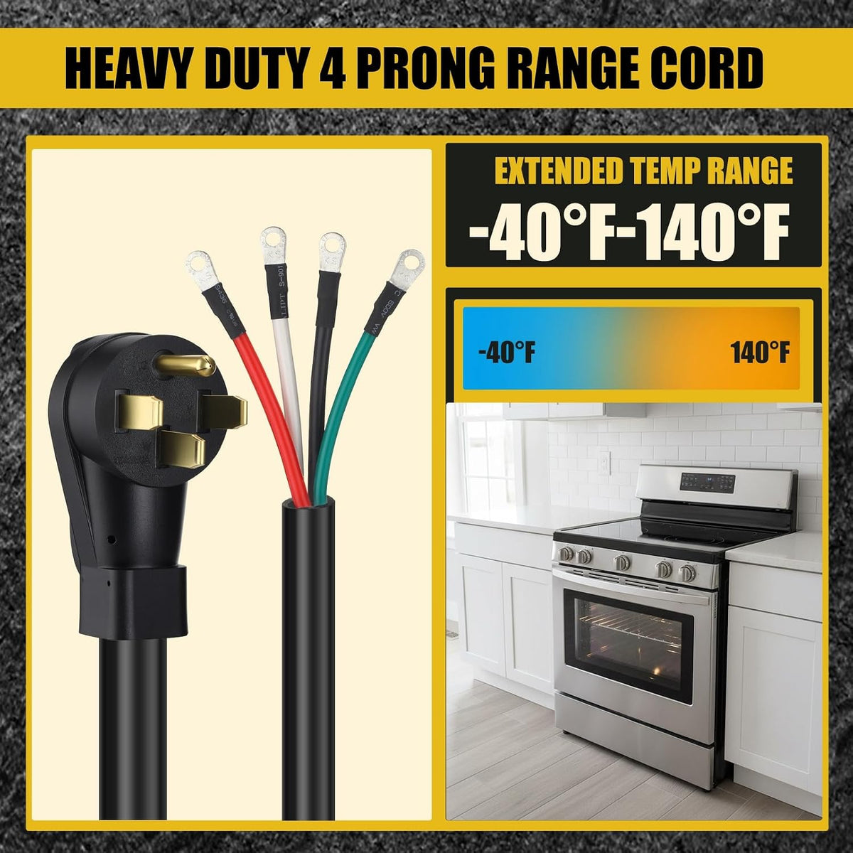 Kanayu 10FT 40 Amp 4 Prong Replacement Range Power Cord NEMA 14-50p to 4-Wire, Compatible with EV Plug/J1772 Connector, 8/2+10/2 AWG SDRT, Etl Listed