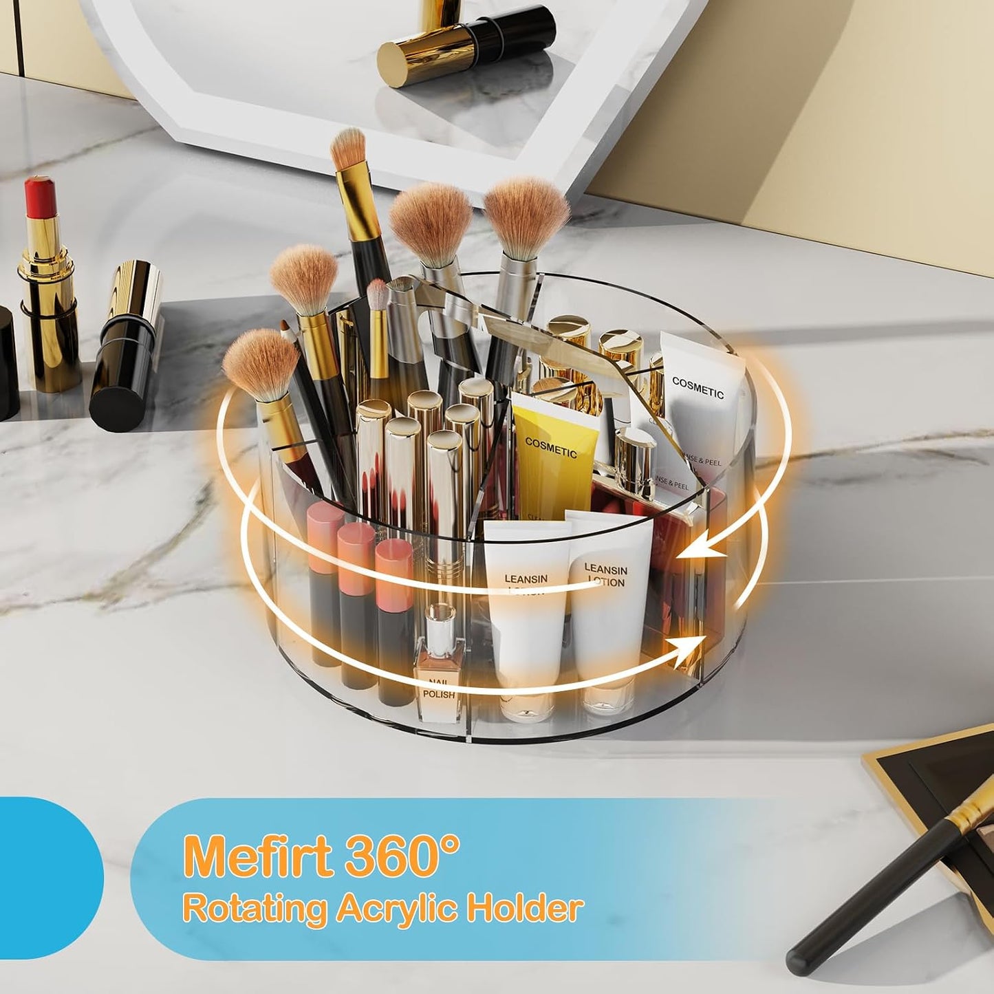 Acrylic Rotating Pen Holder, 360° Spinning Desk Organizer with 6 Compartments, Clear Desktop Caddy for Pens, Pencils, Markers, Crayons and Art Supplies