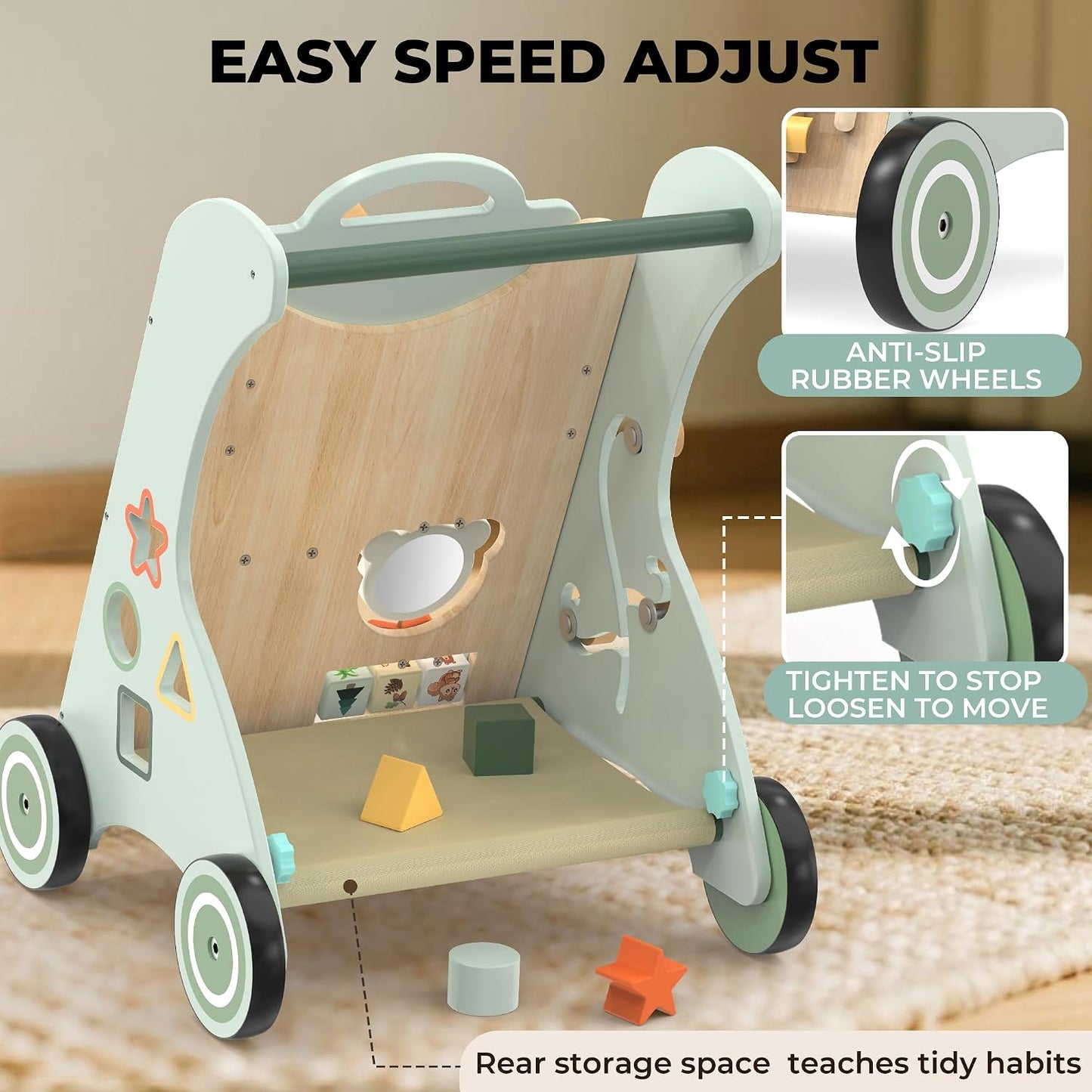 WOODMAM Push Baby Walker, Wooden Sit-to-Stand Learning Toy for 12M+ 10-in-1 Montessori Activity Center, Early Educational Push Toy, Detachable Busy Board, Adjustable Speed, Adorable Bear Design