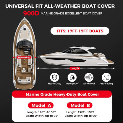 Horonaxo Boat Cover, 17-19ft 900D Waterproof V-Tri Hull, Up to 96" Beam Width, Heavy-Duty Trailerable Cover for Fishing, Runabout & Bass Boats