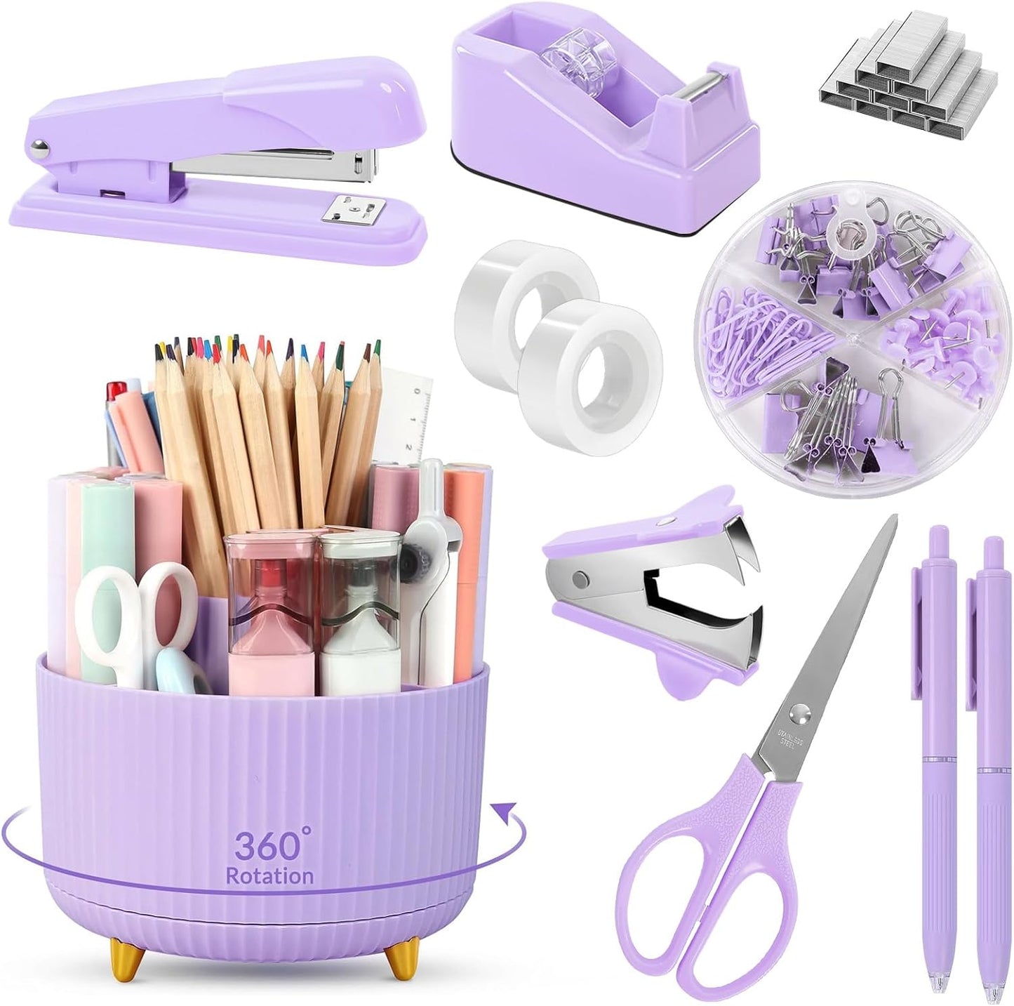 SKYDUE Purple Office Supplies Set with Rotating Pencil Holder for Desk, 11-Piece Desk Organizer and Stationery Kit