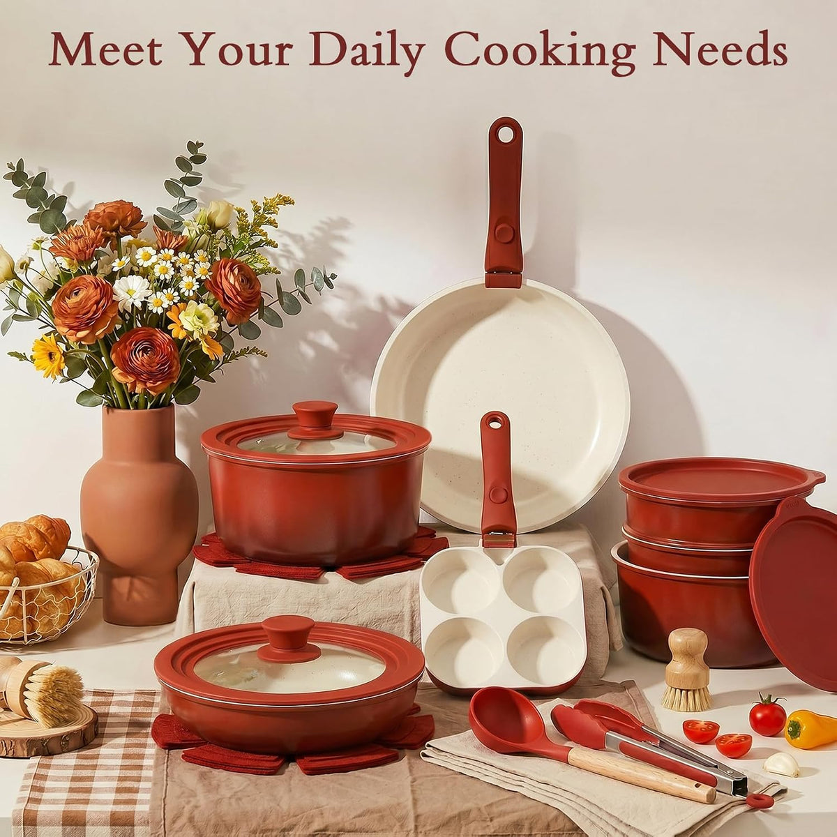 GIPP Pots and Pans Set Non Stick,Kitchen Cookware Set Detachable Handle, Non Toxic Cooking Pan Set with Frying Pans Set,RV Cookware Sets for All Stoves, Red...