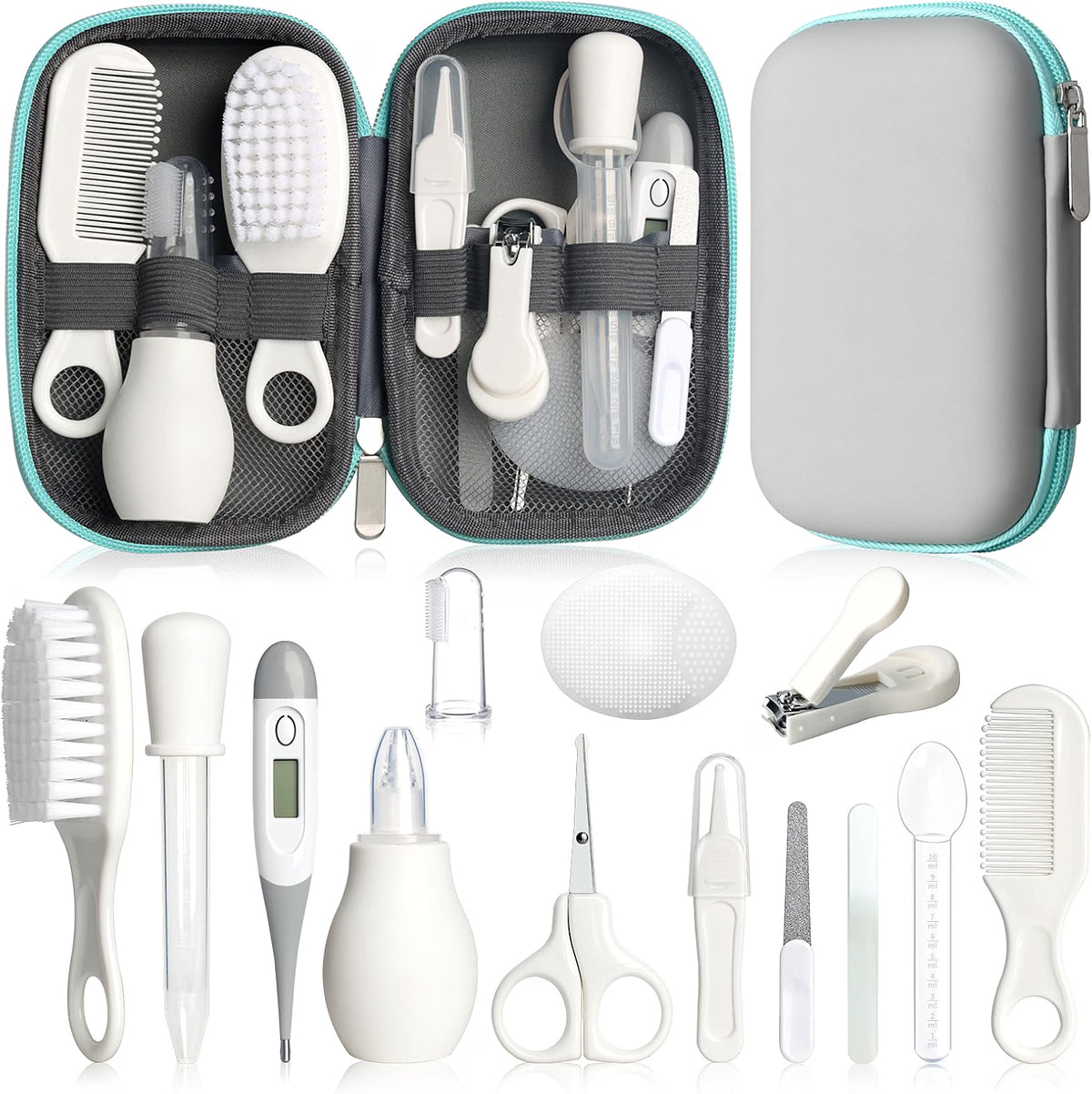 WXA 14-in-1 Baby Grooming Kit for Newborns, Infant Safety Care Set with Hair Brush, Comb, Nail Care Tools, Nasal Aspirator, Medicine Dropper & Portable EVA Case, Gray & White