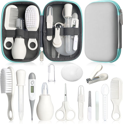 WXA 14-in-1 Baby Grooming Kit for Newborns, Infant Safety Care Set with Hair Brush, Comb, Nail Care Tools, Nasal Aspirator, Medicine Dropper & Portable EVA Case, Gray & White