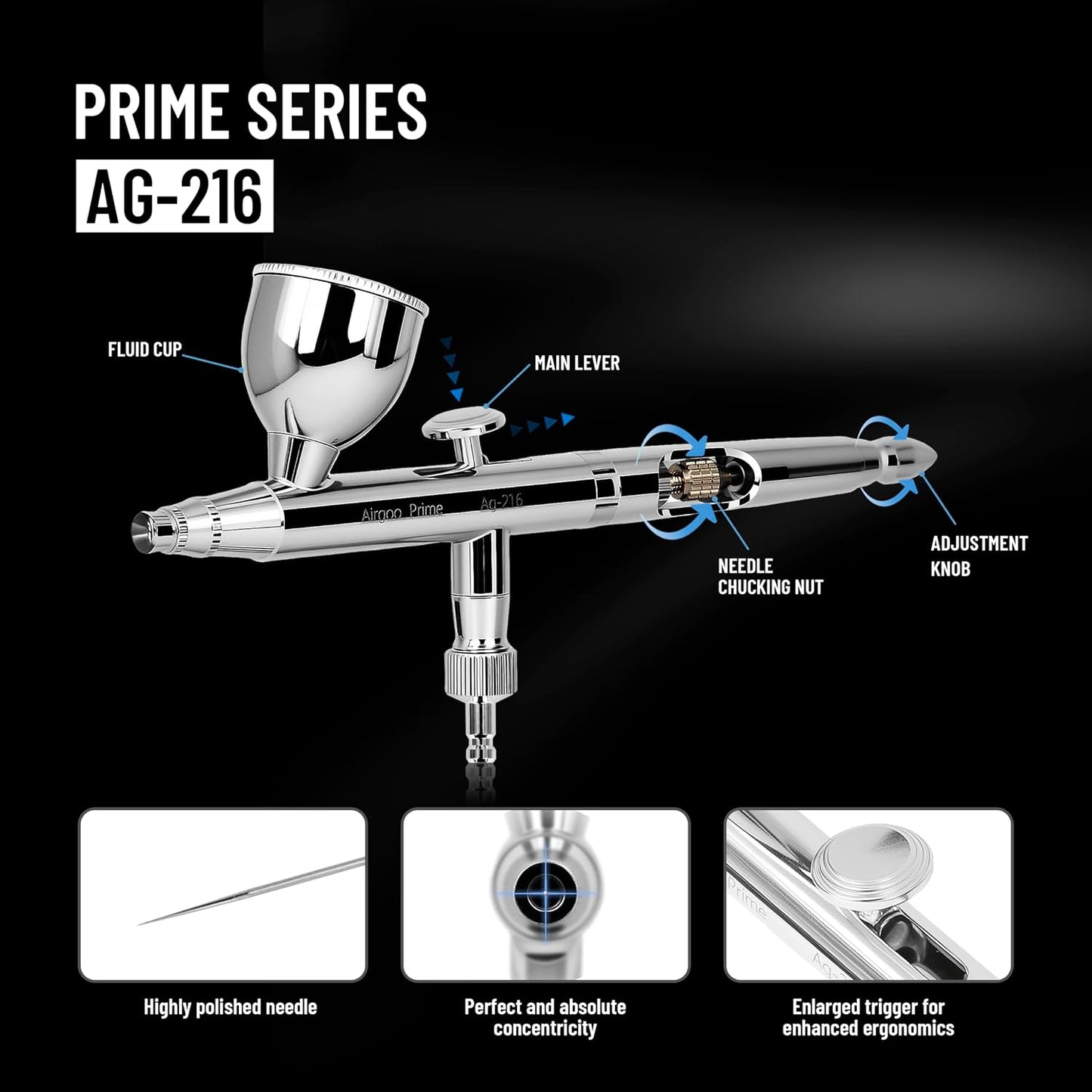 Airgoo Prime Series Airbrush Kit AG-216 Dual Action Gravity Feed Airbrush Kit with 0.3mm/0.5mm Nozzles & Needles, 7CC/10CC Fluid Cups for Tattoo, Modeling, Cake Decor, Nail Painting