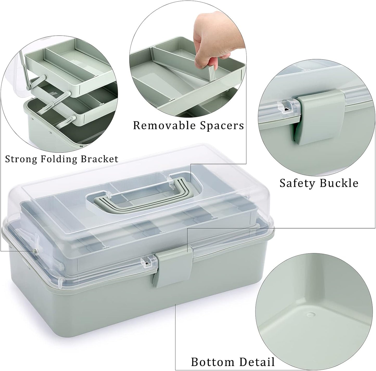 BTSKY 3-Layer Plastic Dividing Storage Box, Craft Organizer and Storage Case with Adjustable Compartments, Haze Green