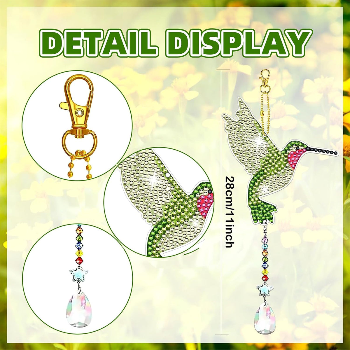 JeCuiK 6-Piece Hummingbird Diamond Painting Wind Chime Suncatcher, Double-Sided 5D DIY Diamond Art Hanging Ornaments with Rhinestones & Craft Accessories