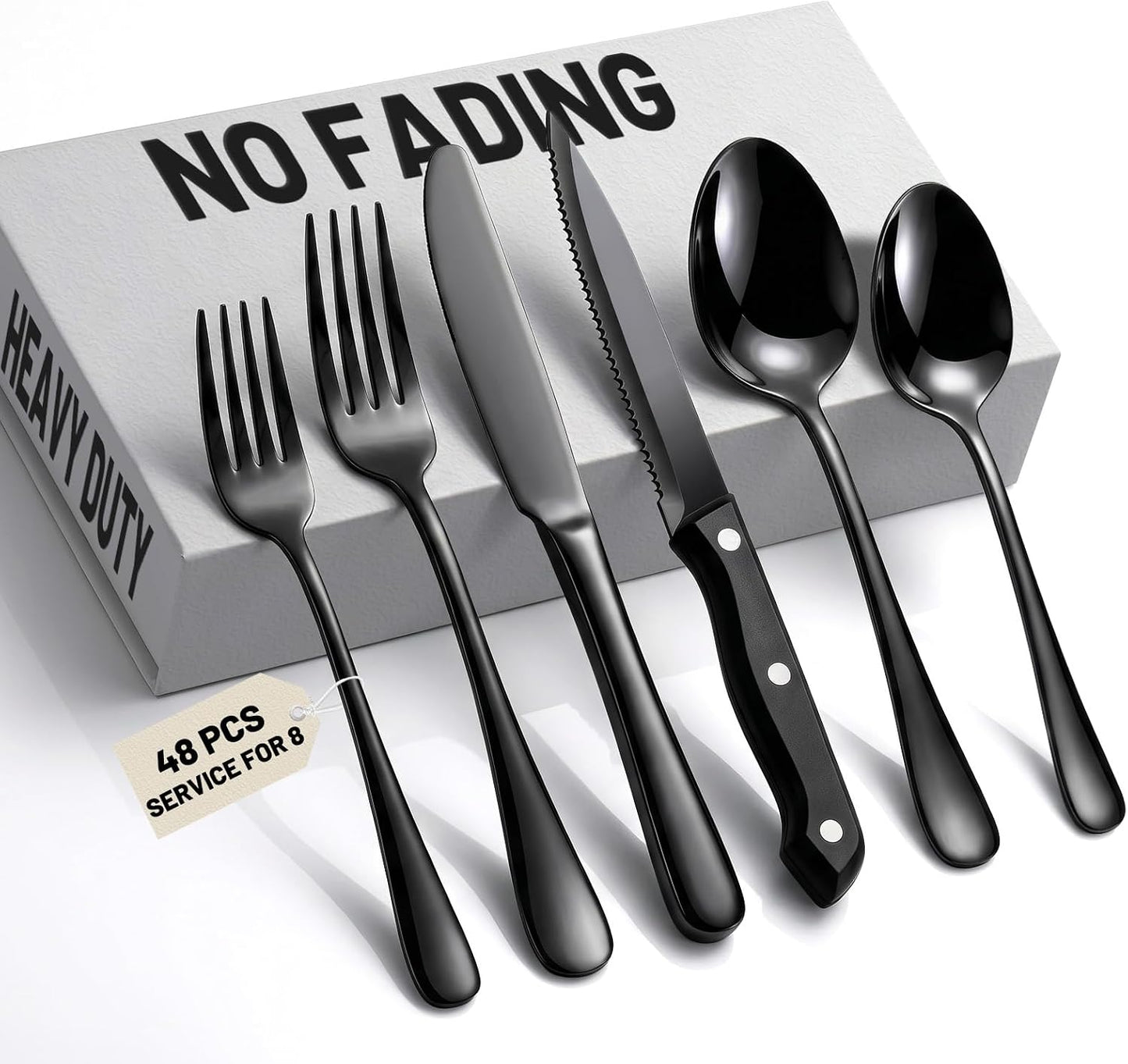 48 PCS NO-FADING Black Silverware Set with Steak Knives, Flatware for 8 Titanium Black Finish, Rust Resistant, Food-Grade Stainless Steel Cutlery Utensils Set, Mirror Polished & Dishwasher Safe