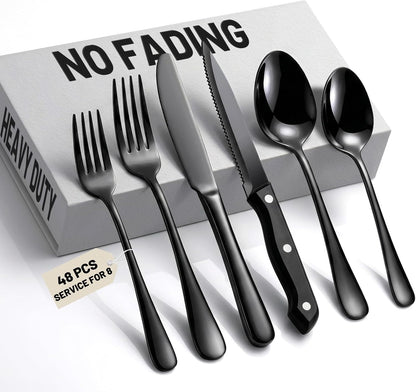 48 PCS NO-FADING Black Silverware Set with Steak Knives, Flatware for 8 Titanium Black Finish, Rust Resistant, Food-Grade Stainless Steel Cutlery Utensils Set, Mirror Polished & Dishwasher Safe