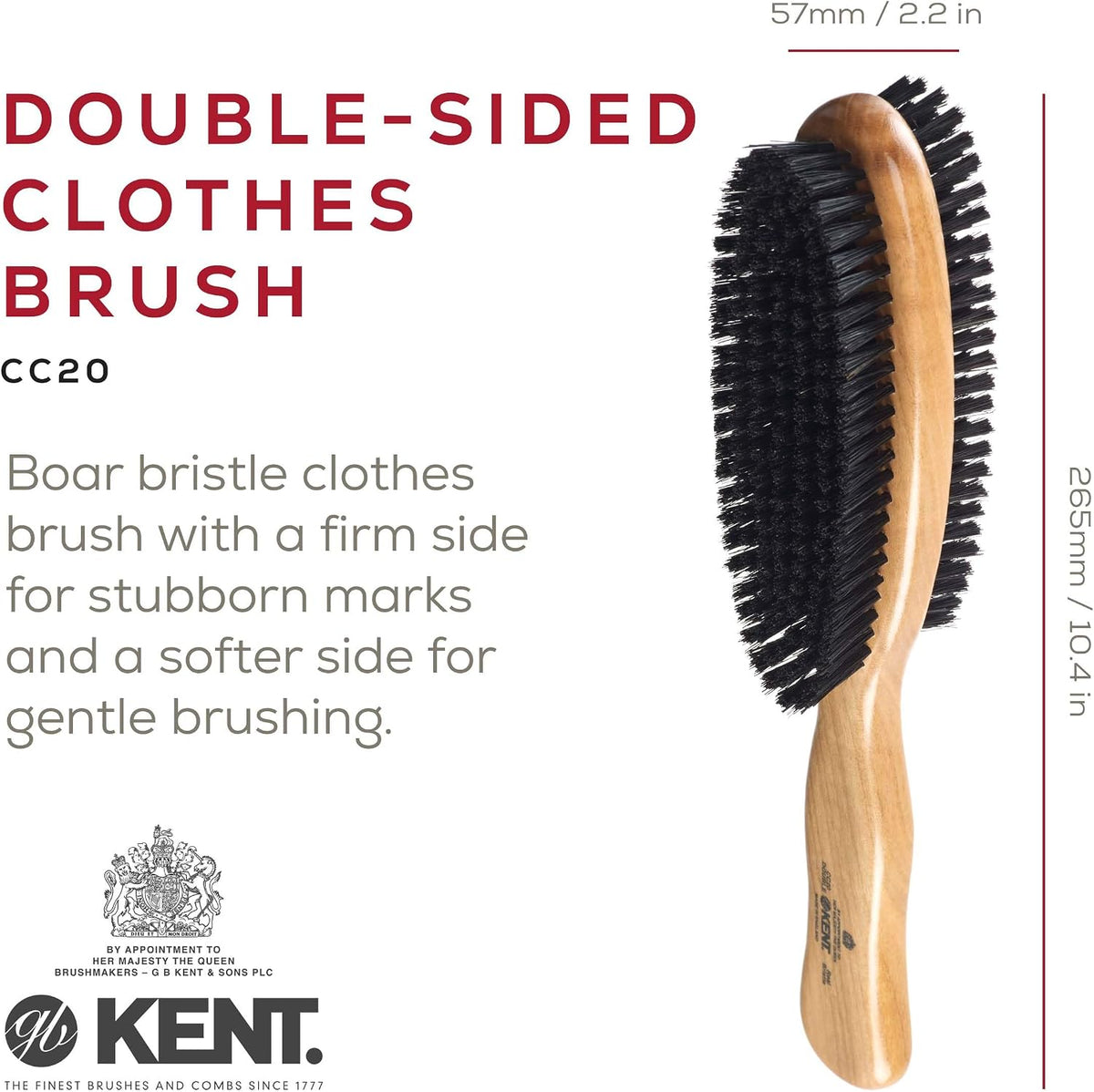 Kent CC20 Double Sided Cherrywood Clothes Brush and Lint Remover, Firm Side for Dust and Dirt, Soft Side for Gentle Brushing for Keeping Fabrics Free from Fibres, Fluff and Pet Hair, Made in England