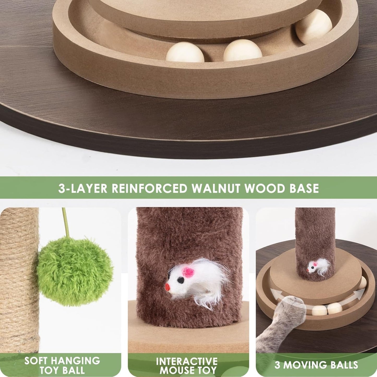 40" Cat Scratching Post, Natural Sisal Rope Cat Scratcher Tree with Hanging Ball, Mouse Hole & Ball Track, Heavy-Duty Wood Base for Kittens & Adult Cats