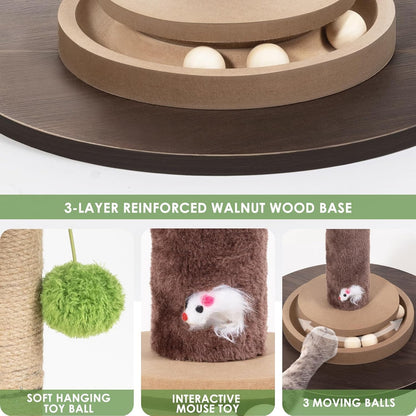 40" Cat Scratching Post, Natural Sisal Rope Cat Scratcher Tree with Hanging Ball, Mouse Hole & Ball Track, Heavy-Duty Wood Base for Kittens & Adult Cats