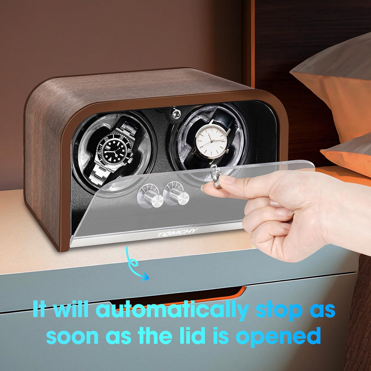 TOMCHY Automatic Watch Winder for 2 Watches, 4 Rotation Modes, Ultra-Quiet Motor Under 10dB, Dual Independent Controls with LED Lighting, Brown Rosewood